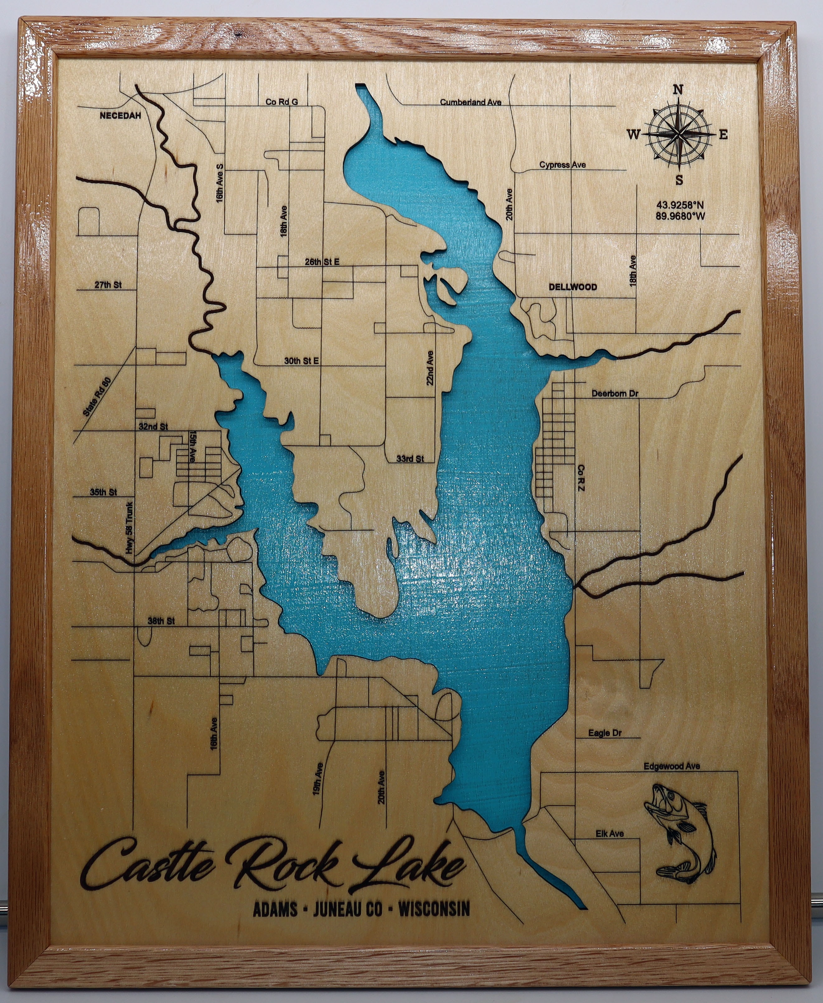 Castle Rock Lake laser-engraved wood map sign