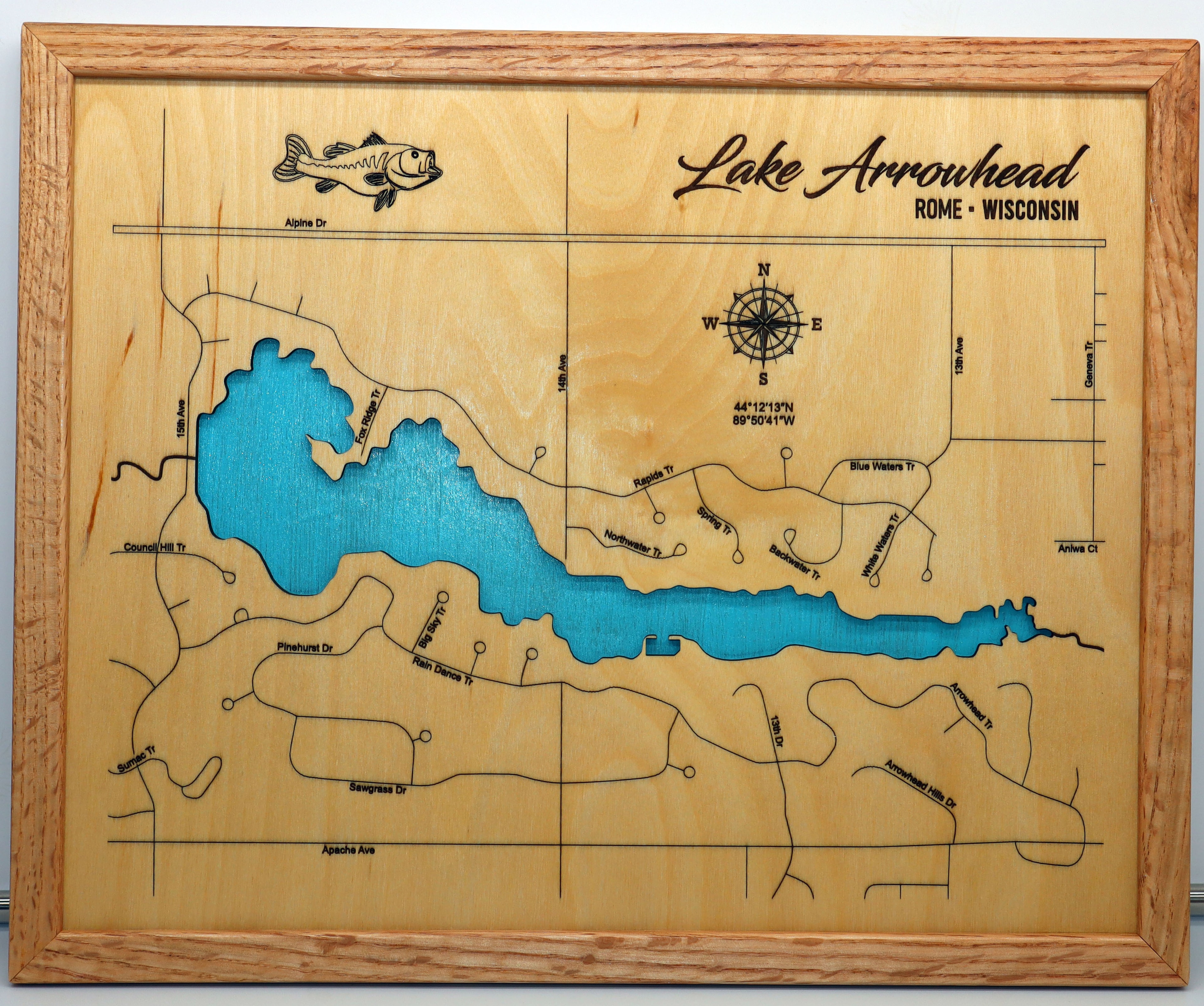 Lake Arrowhead laser-engraved wood map sign