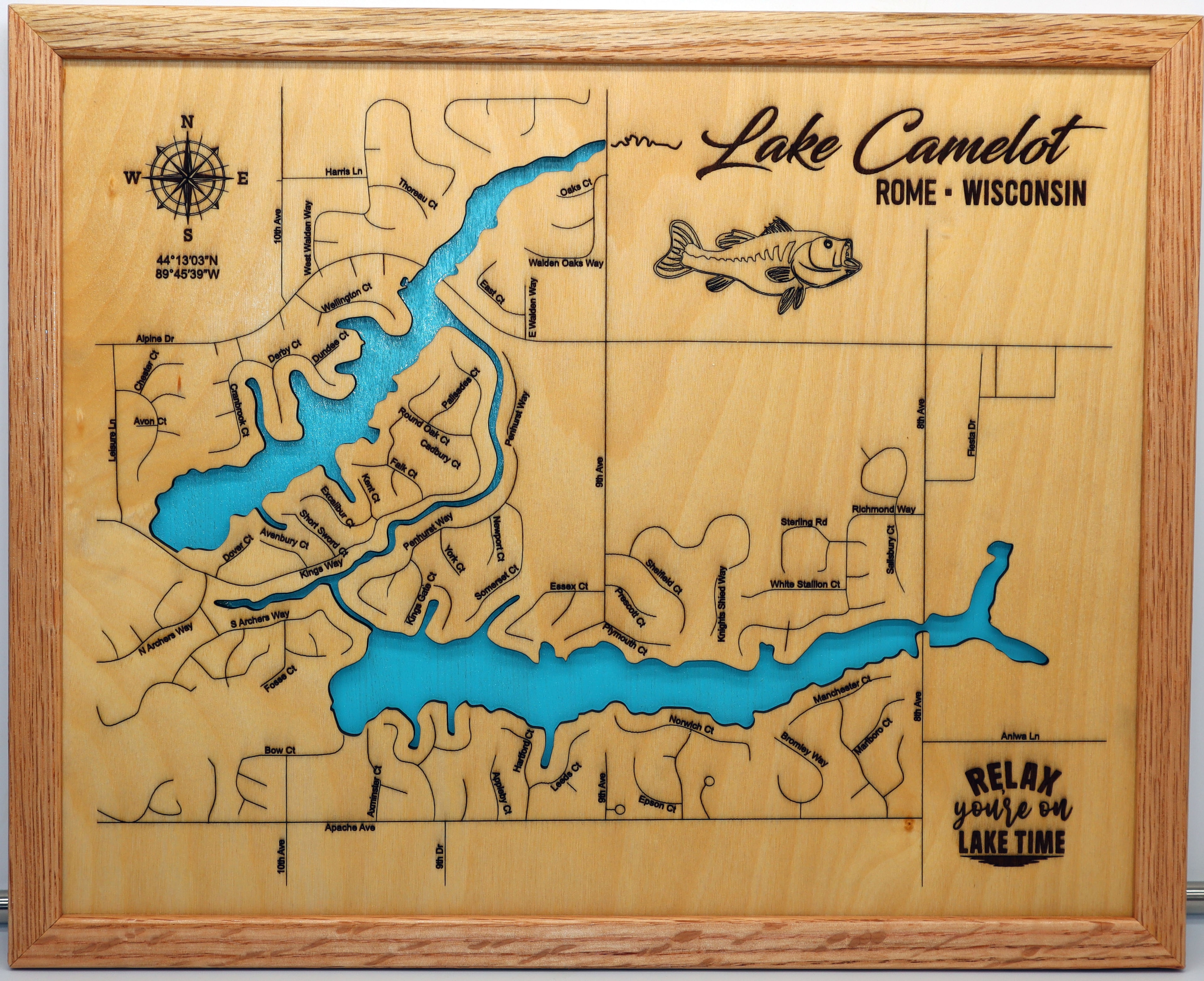 Lake Camelot laser-engraved wood map sign