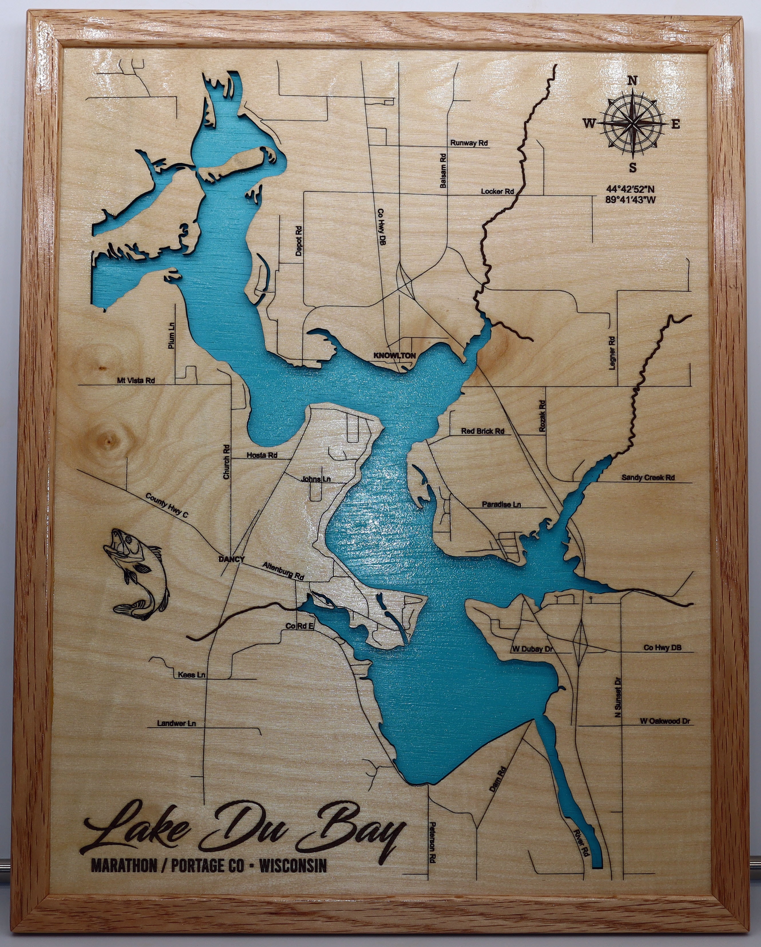 Lake Du Bay laser-engraved wood map sign