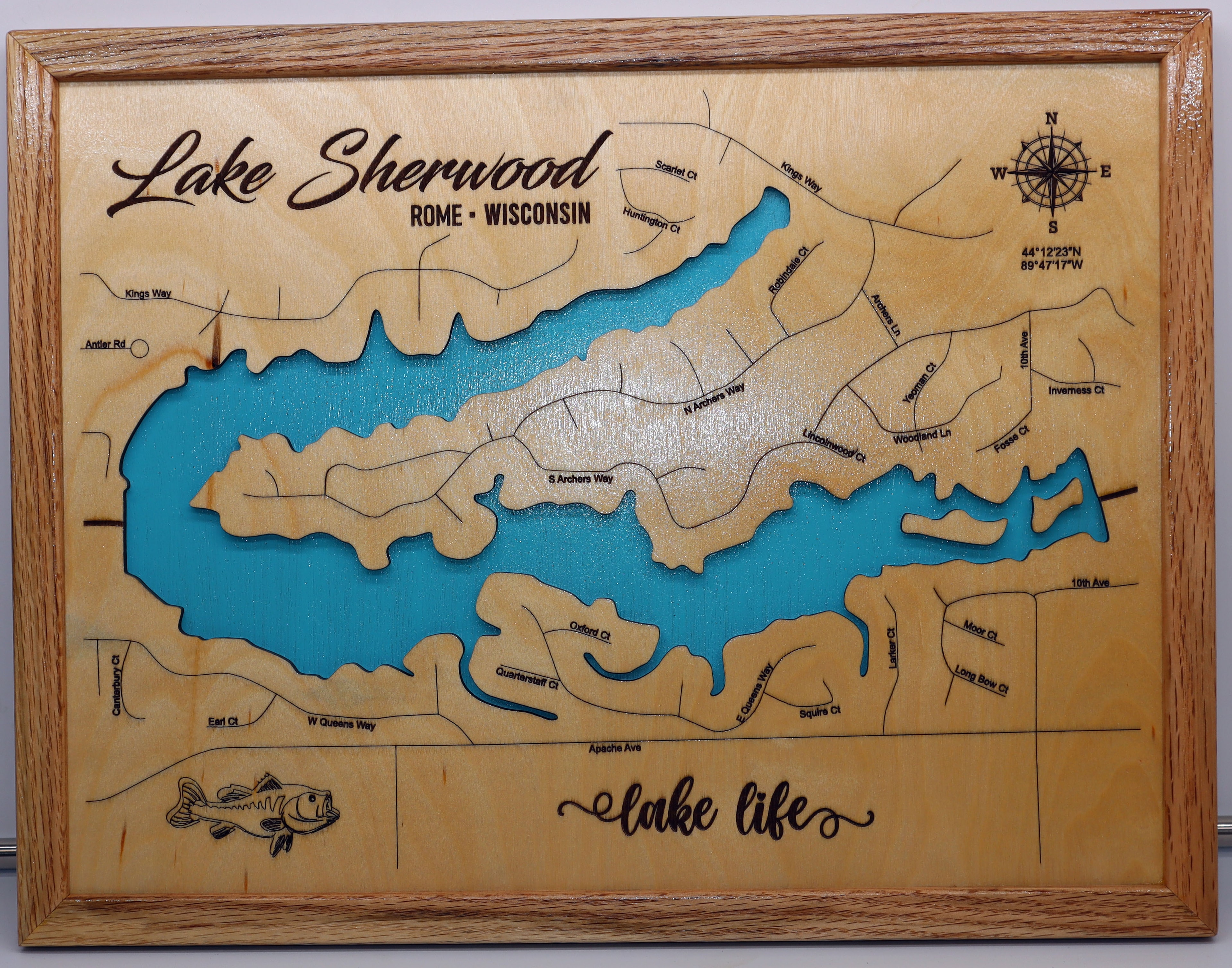 Lake Sherwood laser-engraved wood map sign