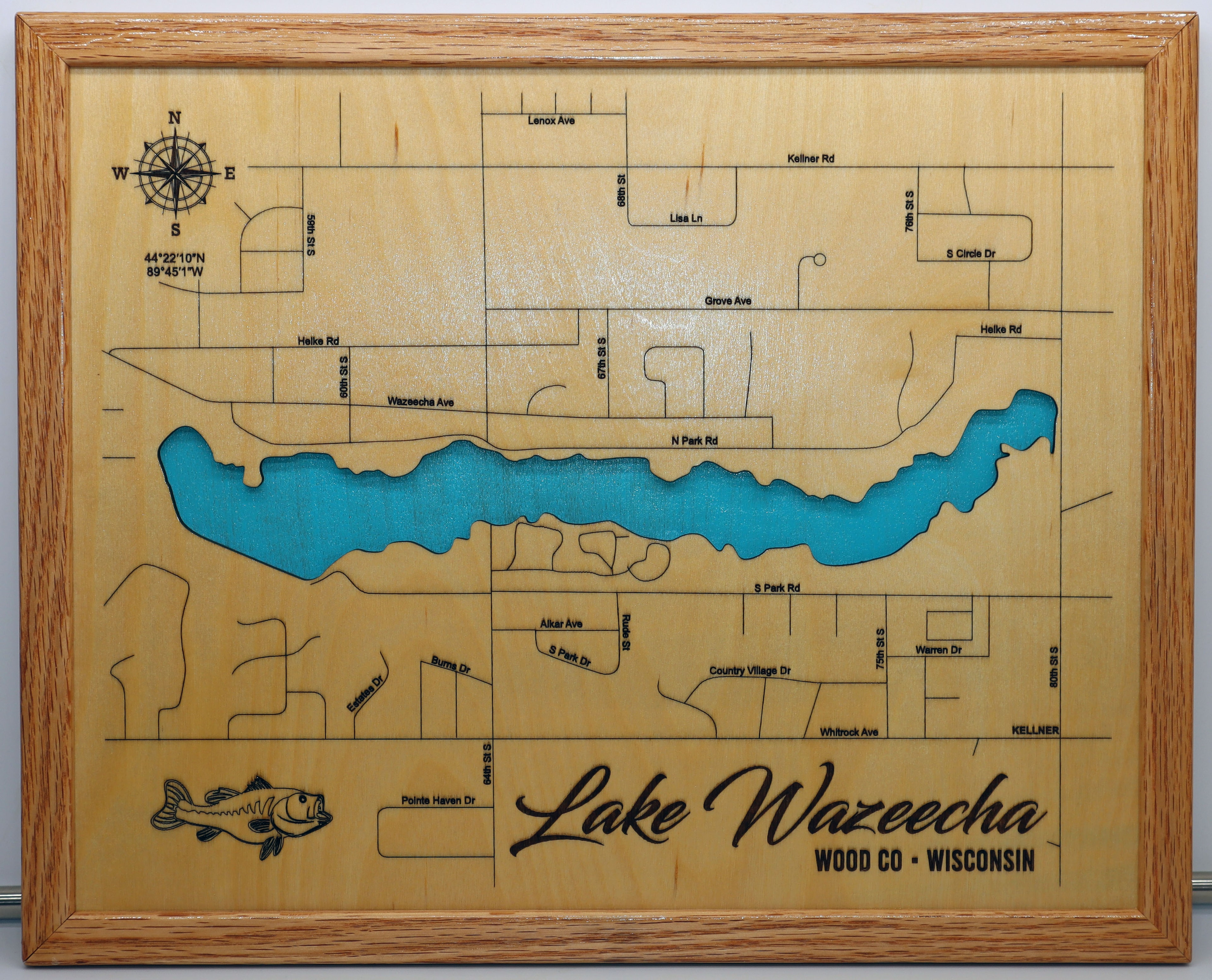 Lake Wisconsin laser-engraved wood map sign