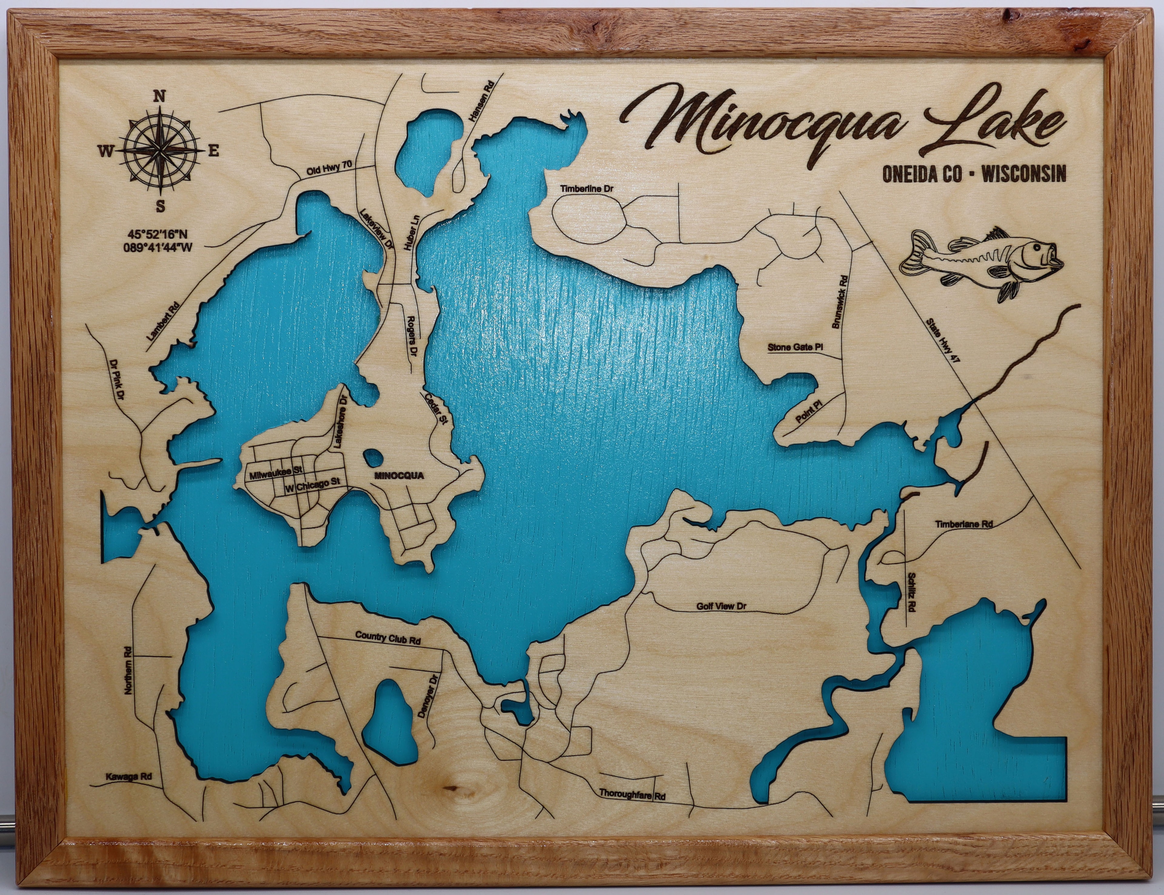 Minocqua Lake laser-engraved wood map sign