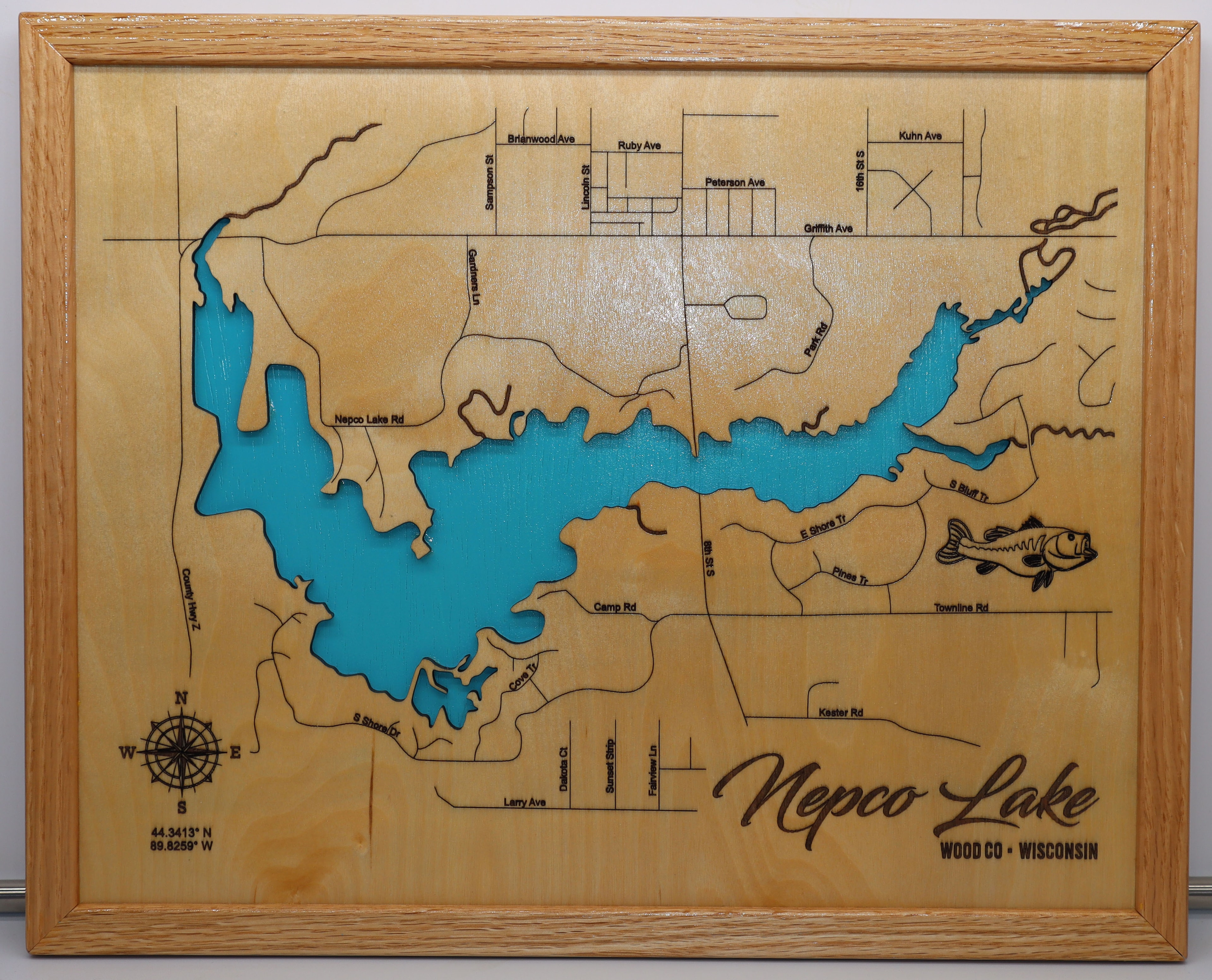 Nepco Lake laser-engraved wood map sign