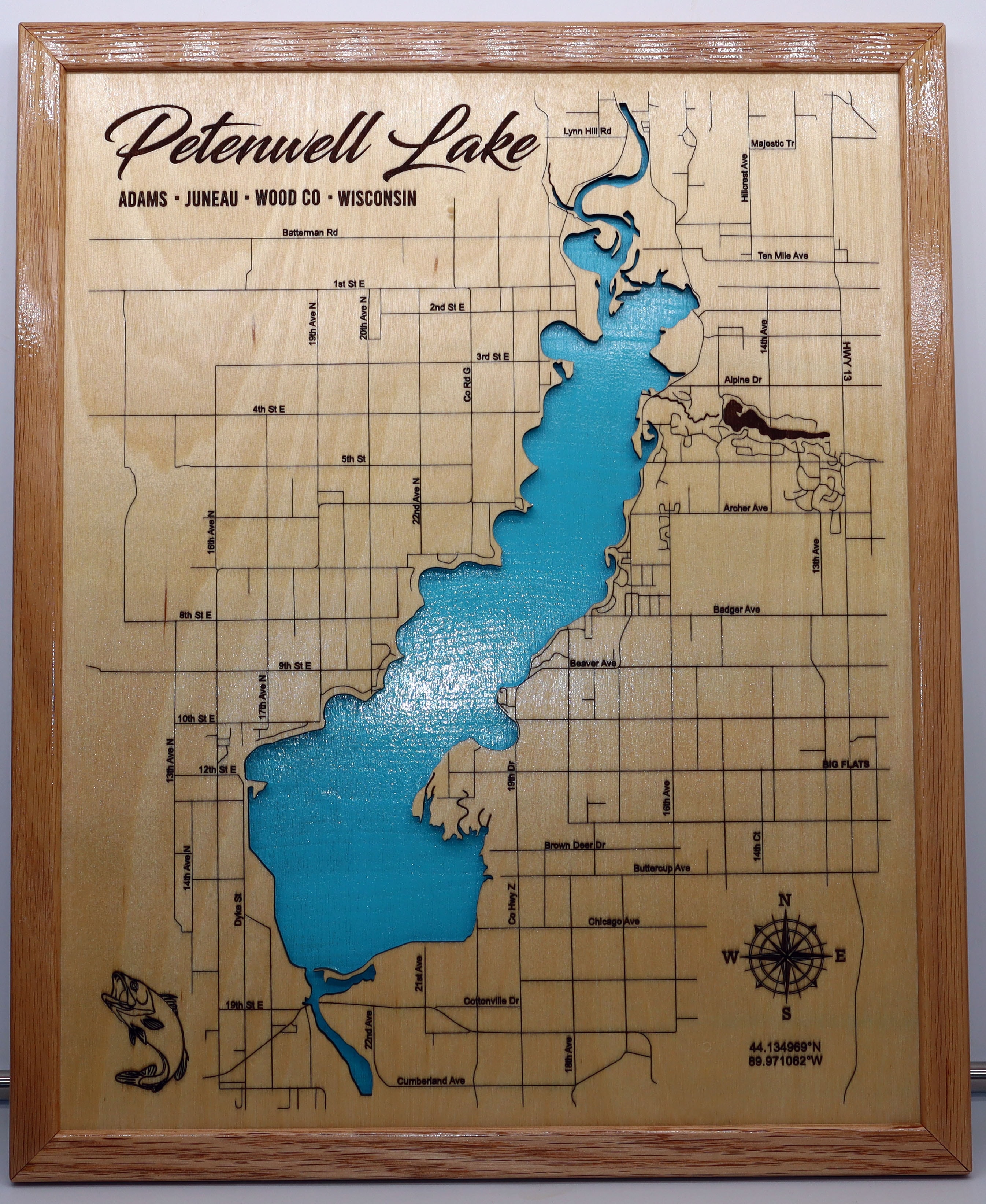 Petenwell Lake laser-engraved wood map sign